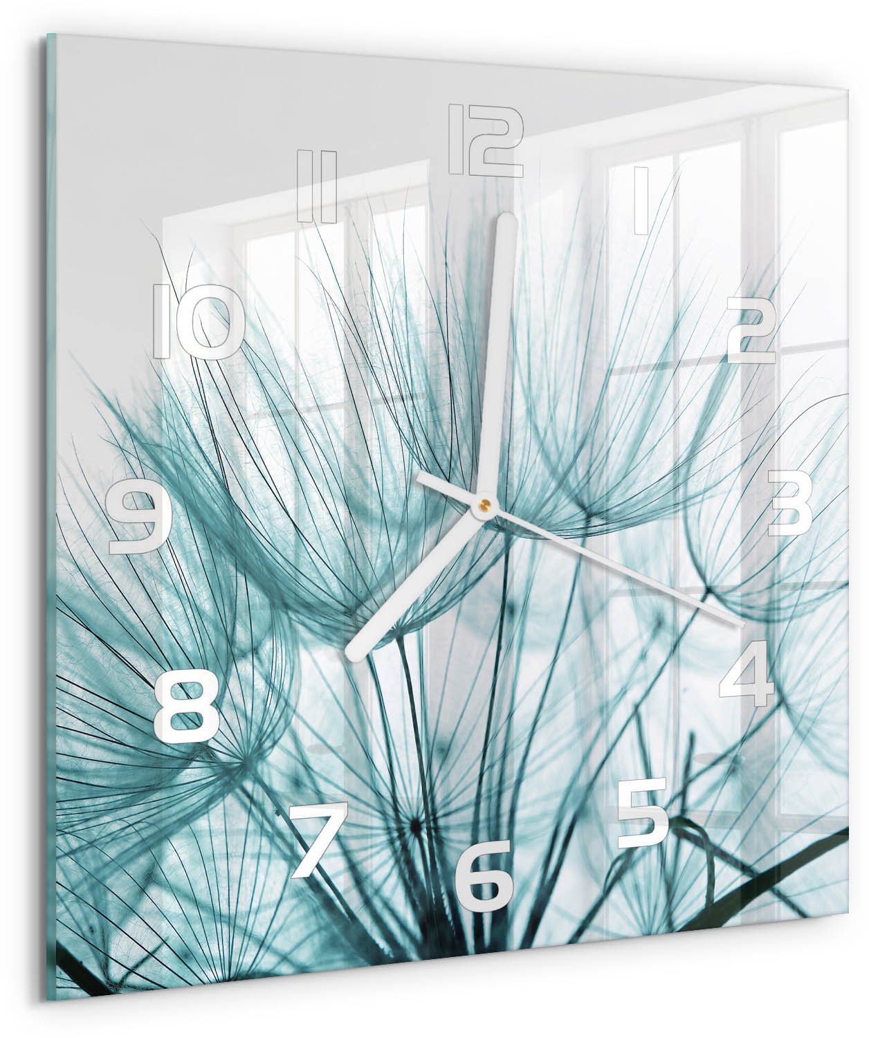 Tulup Wandklok - Paardenbloemzaden Gekleurde Glazen Klok - 30x30 cm - Wit Glazen Klok Met Print - Witte handen - Vierkante Klok - Moderne Wandklok Glas - Wandklok Glas Decoratie