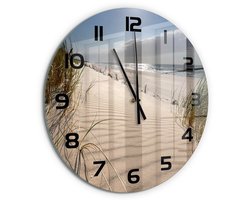 Tulup Wandklok - Mrzeżyno-strand Glazen Klok Met Print - fi60 cm - Beige Wandklok Glas Met Motief - Zwarte handen - Ronde Klok - Wandklok Glas Decoratie - Gekleurde Glazen Klok