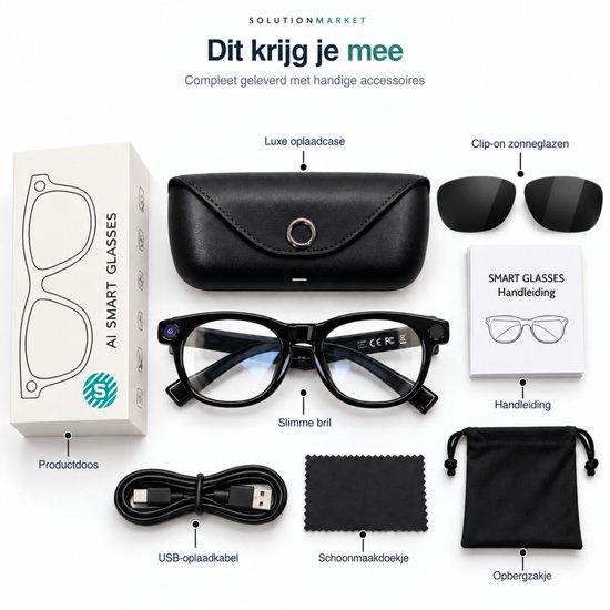 SolutionMarket Camera Bril / Smart Glasses – 8MP – Full HD – AI Vertaling – Bellen & Muziek – Clip-on Zonnebril – Zwarte Oplaadcase — afbeelding 5