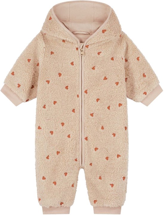 Beige teddy buitenpak voor baby's met rits, capuchon en oranje hartjesprint.