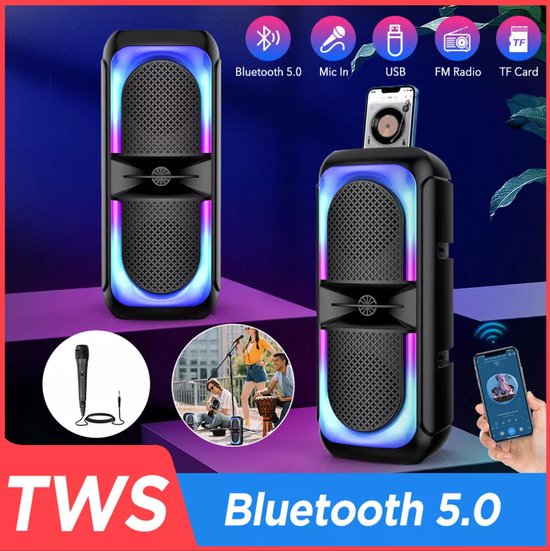 Bluetooth 5.0 party speaker 16,6 x 14,7 x 41 cm met RGB-ledverlichting, zwart — afbeelding 2