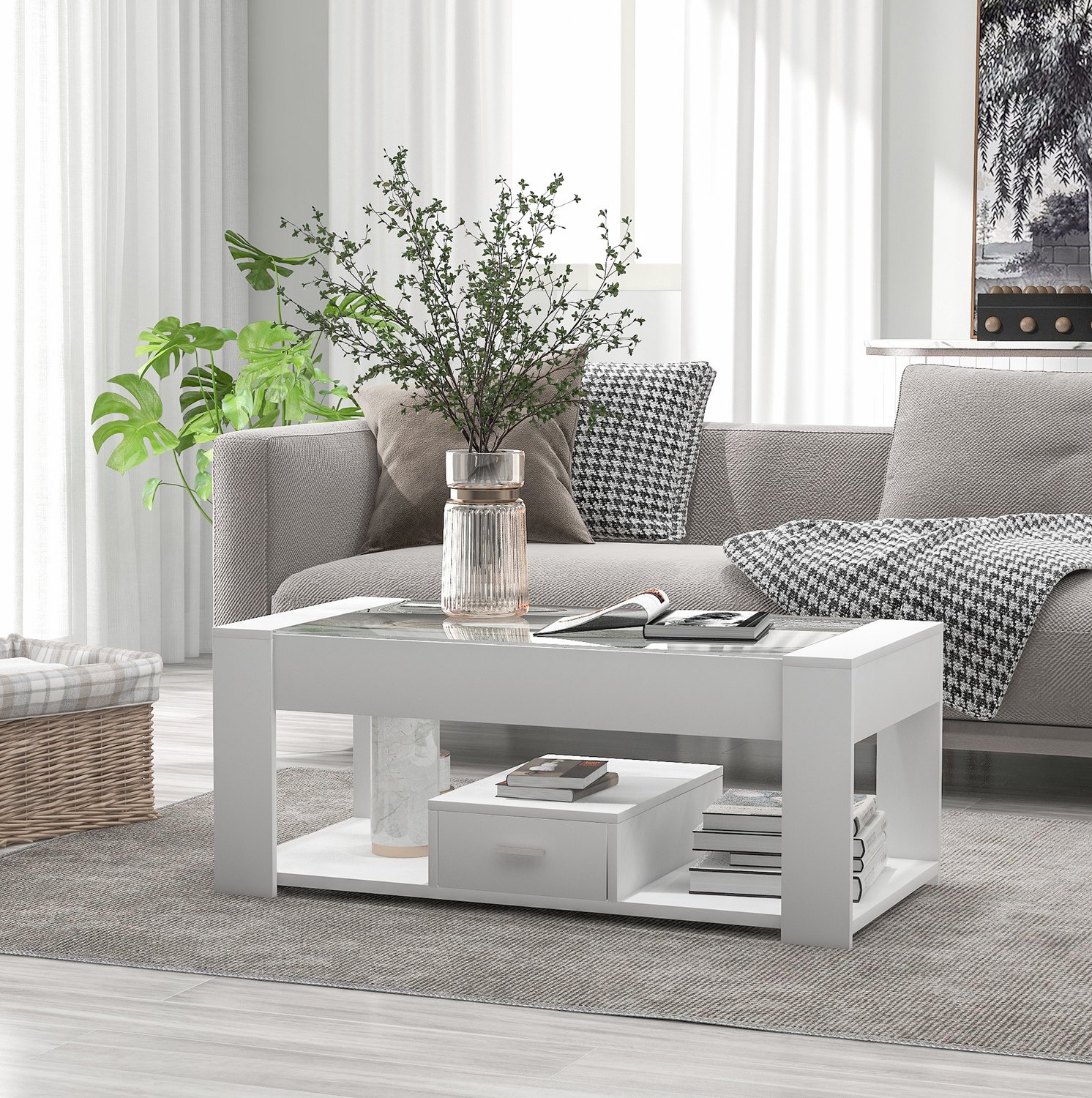 Salontafel 100 x 50 x 40 cm met glasplaat, lades en opbergruimte - wit