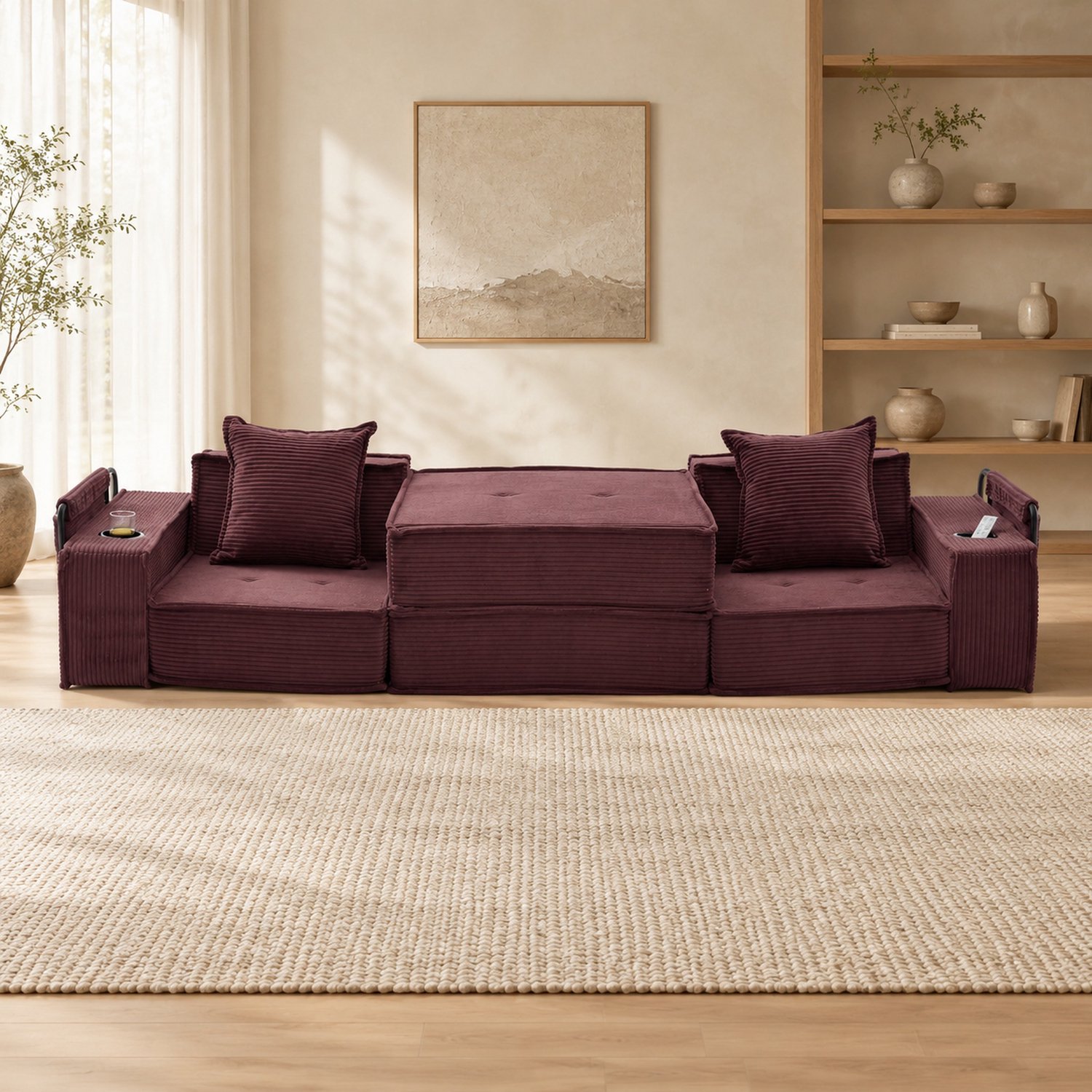 WUVRIE 2-zits slaapbank 162x78x66 cm - Met 2 kussens, zijvakken en bekerhouders - Wijnrood