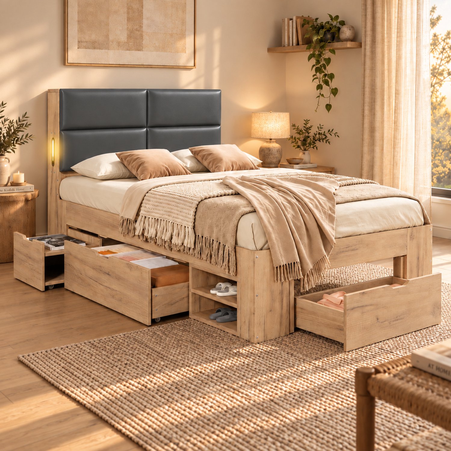 DESMIU Eenpersoonsbed 90x200 cm – USB En USB C Aansluitingen, Nachtlampje En Lades – Zonder Matras – Jeugdkamer – MDF Kunstleer – Naturel