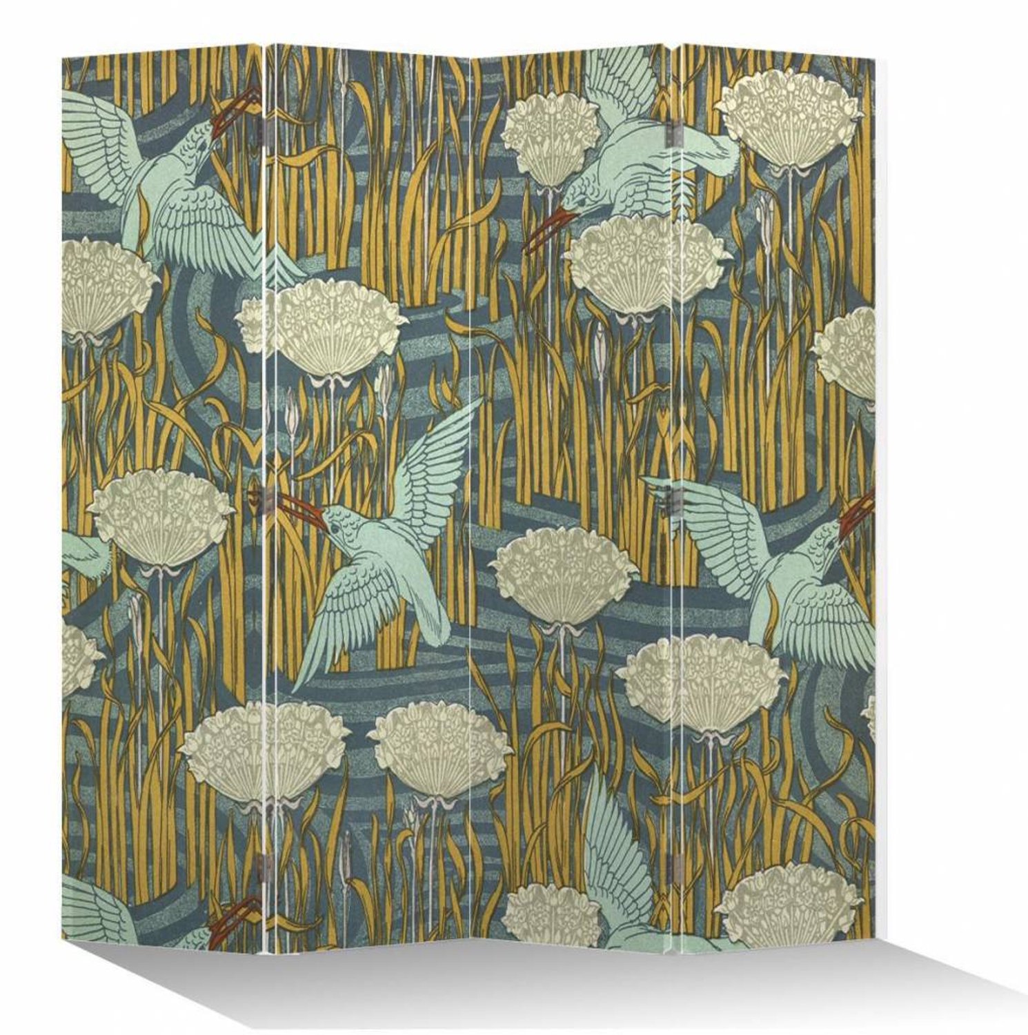 Fine Asianliving Japans Kamerscherm Oosters Scheidingswand B160xH180cm 4 Panelen Vogels Blauw, Multicolour