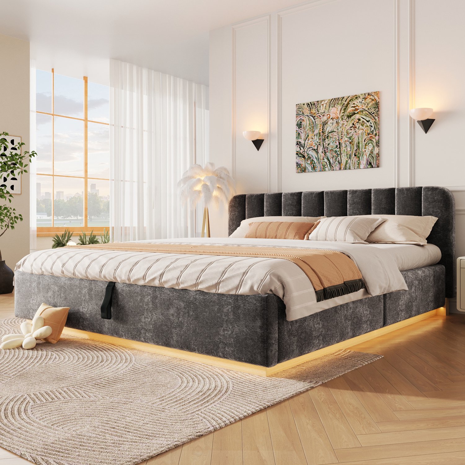 COVREO Tweepersoonsbed met bedkast – 213x198x78 cm – Bedframe met lattenbodem – voor matras 180x200 cm – Antraciet - zonder matras Grijs