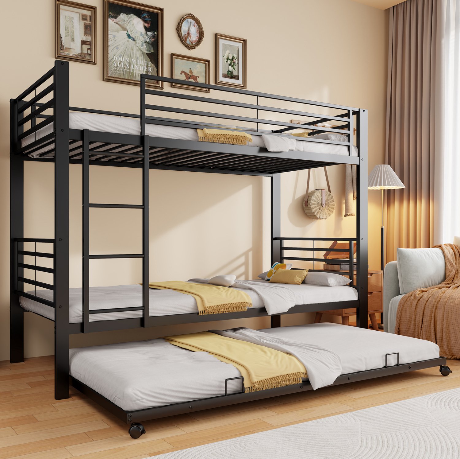 COVREO Stapelbed met onderschuifbed – 90x200 cm – Etagenbed met ladder en valhek – Kinderbed voor 3 – Zwart - zonder matras