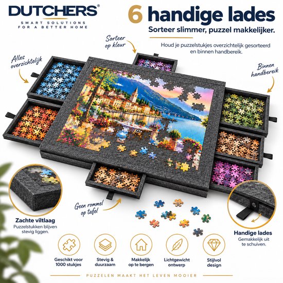 Puzzeltafel met 6 lades voor het sorteren van stukjes op kleur. Voorzien van zacht viltoppervlak en handige handgrepen.