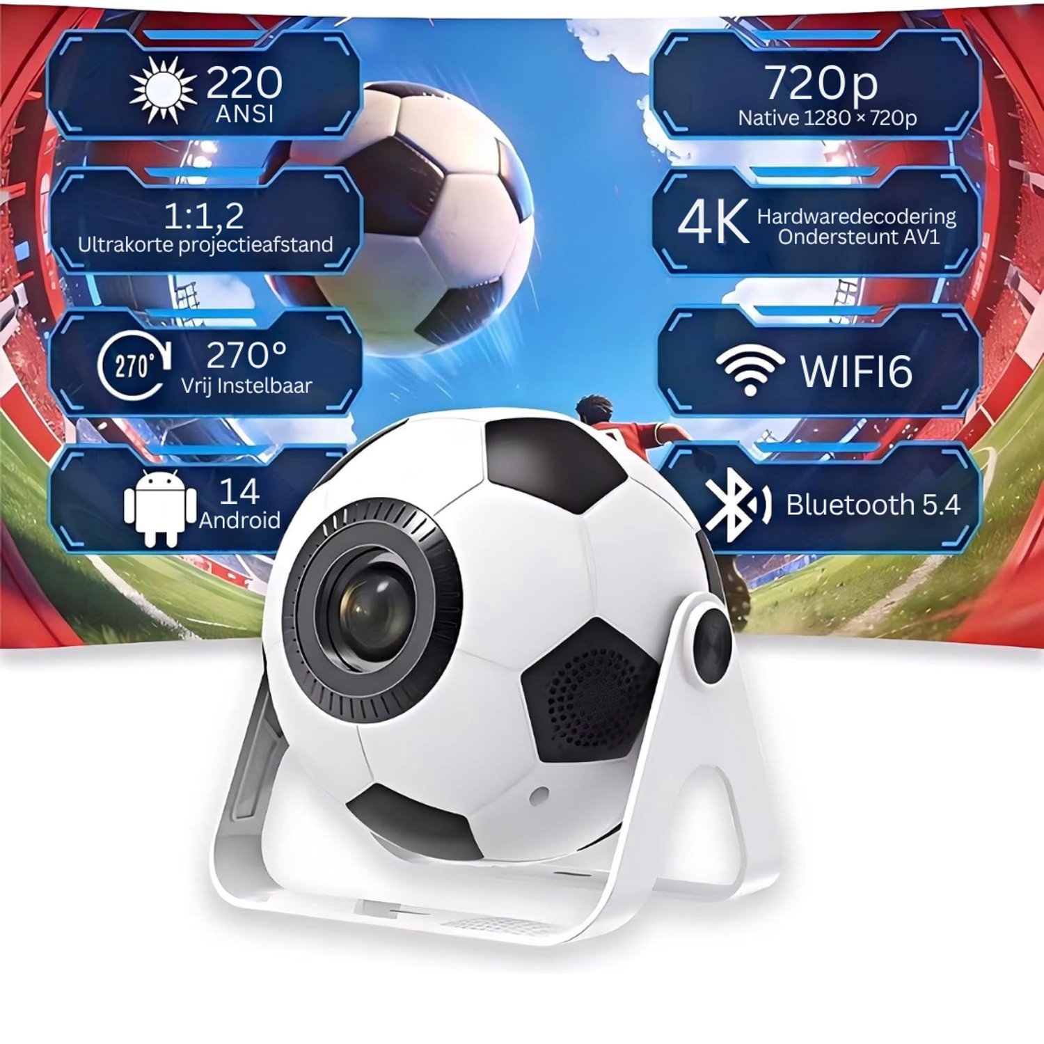 SNJY® Mini Beamer - Mini Projector - Beamer Full HD - 1080P HD - 270° Rotatie - Voetbal - Wit