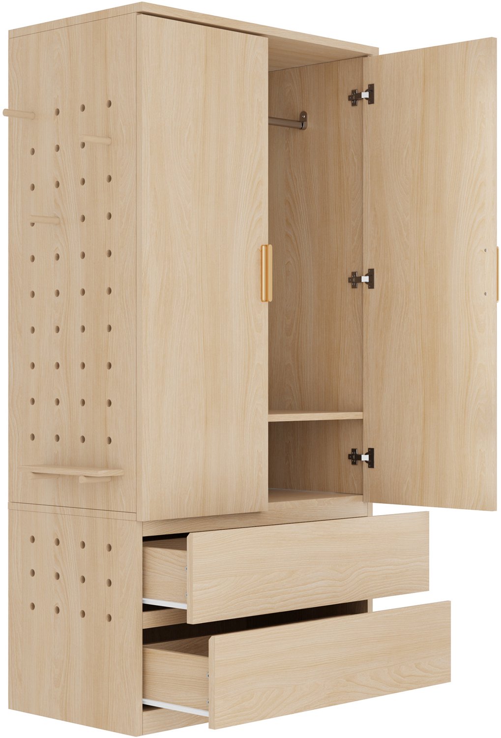 Kledingkast Met Draaideuren - 70 x 50 x 170 cm - Met Hanggedeelte En Twee Lades - Geperforeerde Zijpanelen - Houtkleur - MDF En Multiplex