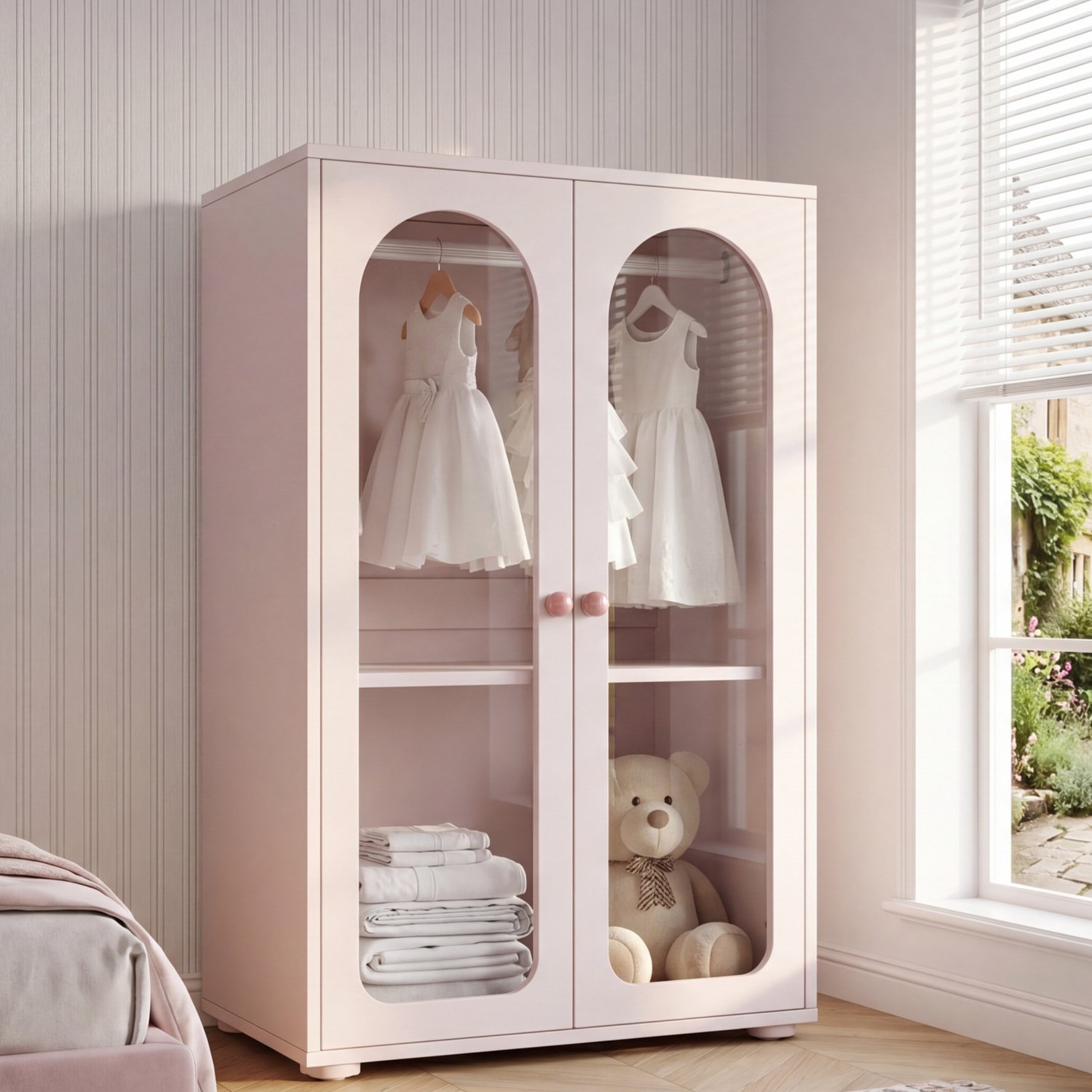 Kledingkast Met Transparante Acryldeuren - 80 x 50 x 120 cm - Met Kledingroede En Verstelbare Legplanken - Babyroze MDF Voor De Kinderkamer