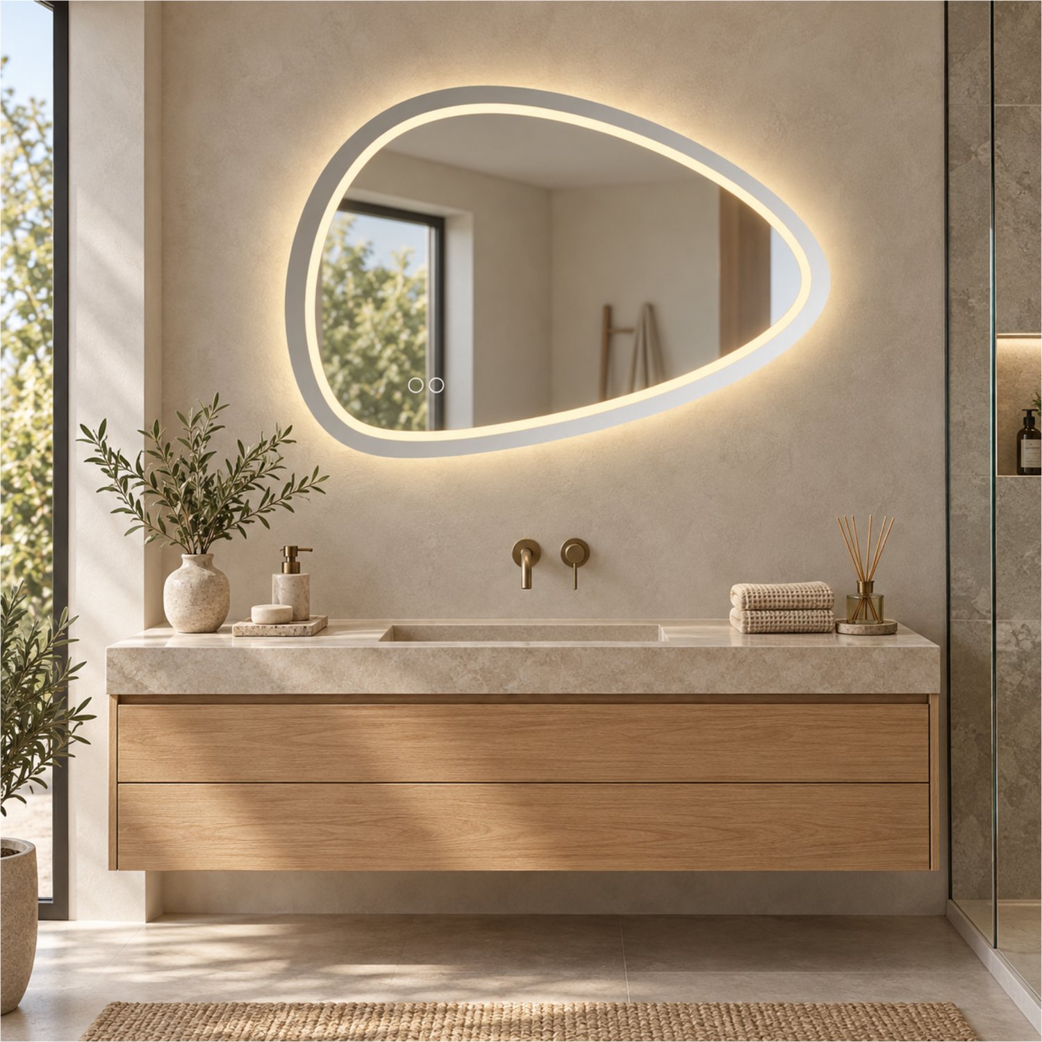 Lumora spiegel organisch met LED, dimbaar en spiegelverwarming 80 x 55 cm
