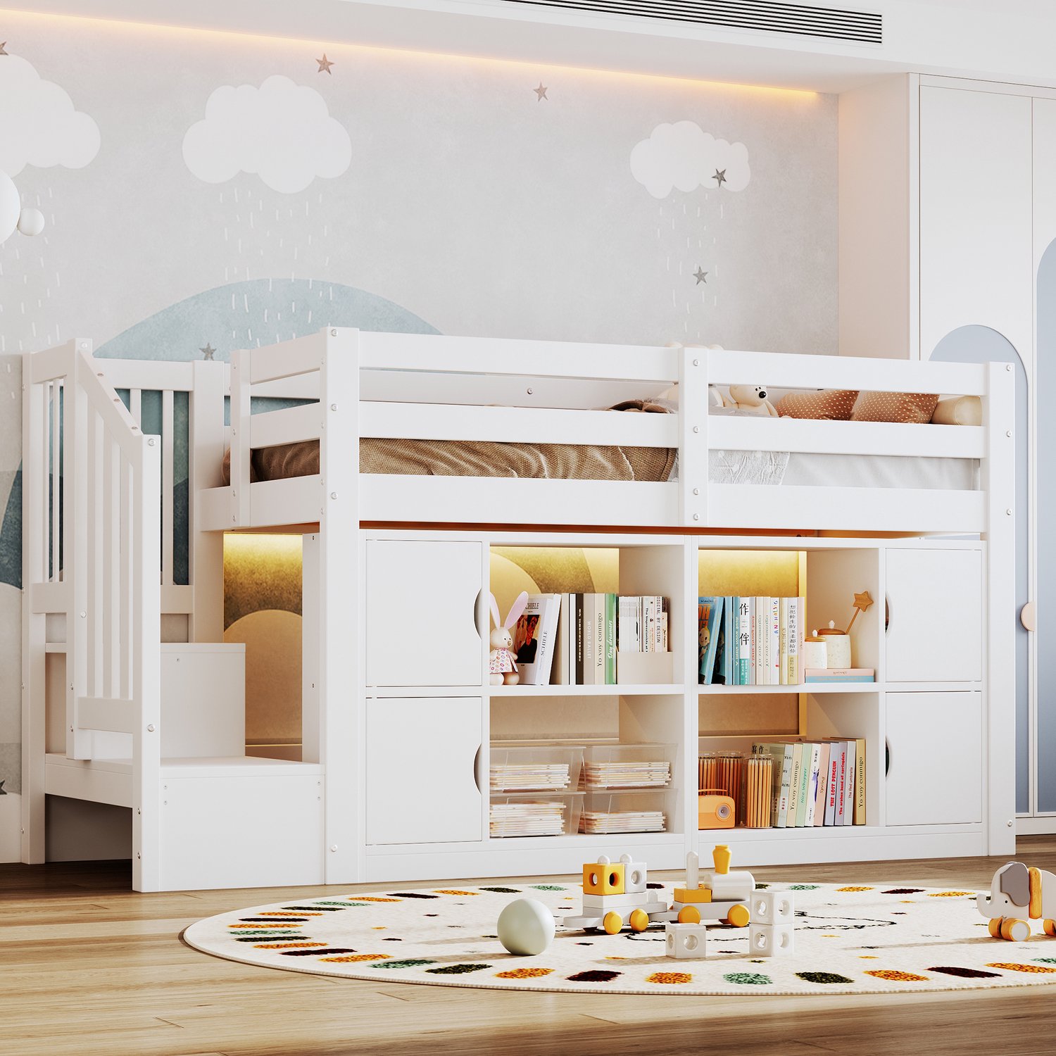 Zubaliya Hoogslaper (90x200) met opbergvakken, Kinderbed, Eenpersoonsbed, kasten, trap met opbergruimte en LED-verlichting, Wit.