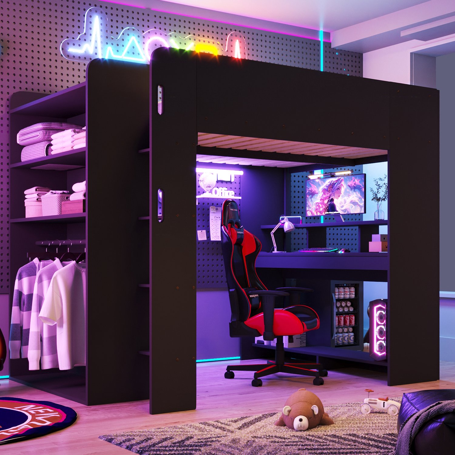 Zubaliya Kinderbed, Tweepersoonsbed, 140x200cm Gaming houten hoogslaper met bureau, kledingkast, meerlaagse opbergruimte, LED-verlichting, USB-laadaansluiting, zwart.