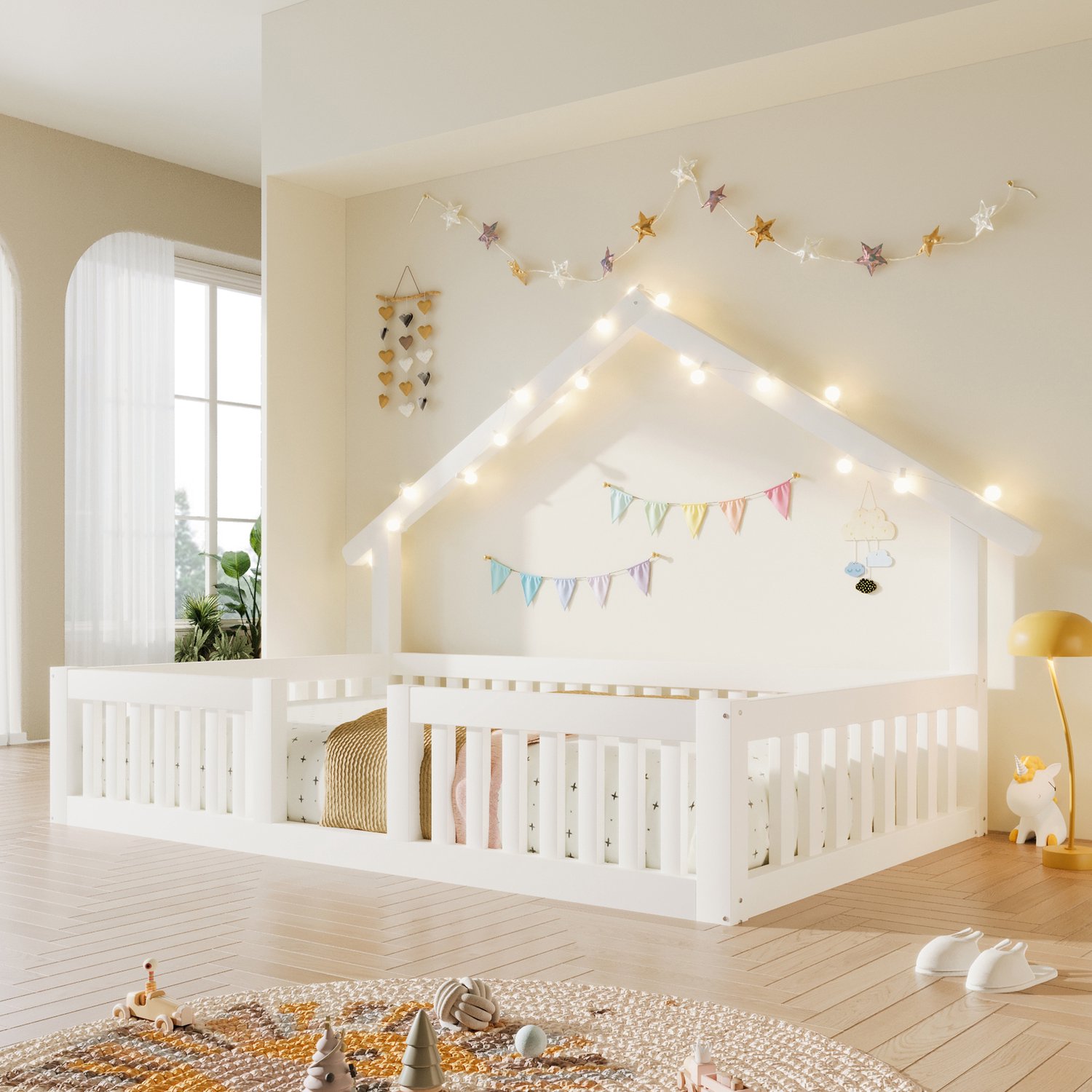 Kinderbed, Eenpersoonsbed, 90x200 cm van hout met valbeveiliging, huisbed met LED-lichtslinger, vloerbed met veiligheidshekje, Wit