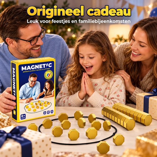 Familie met kind speelt het magnetische spel met goudkleurige stenen tijdens een feestje.