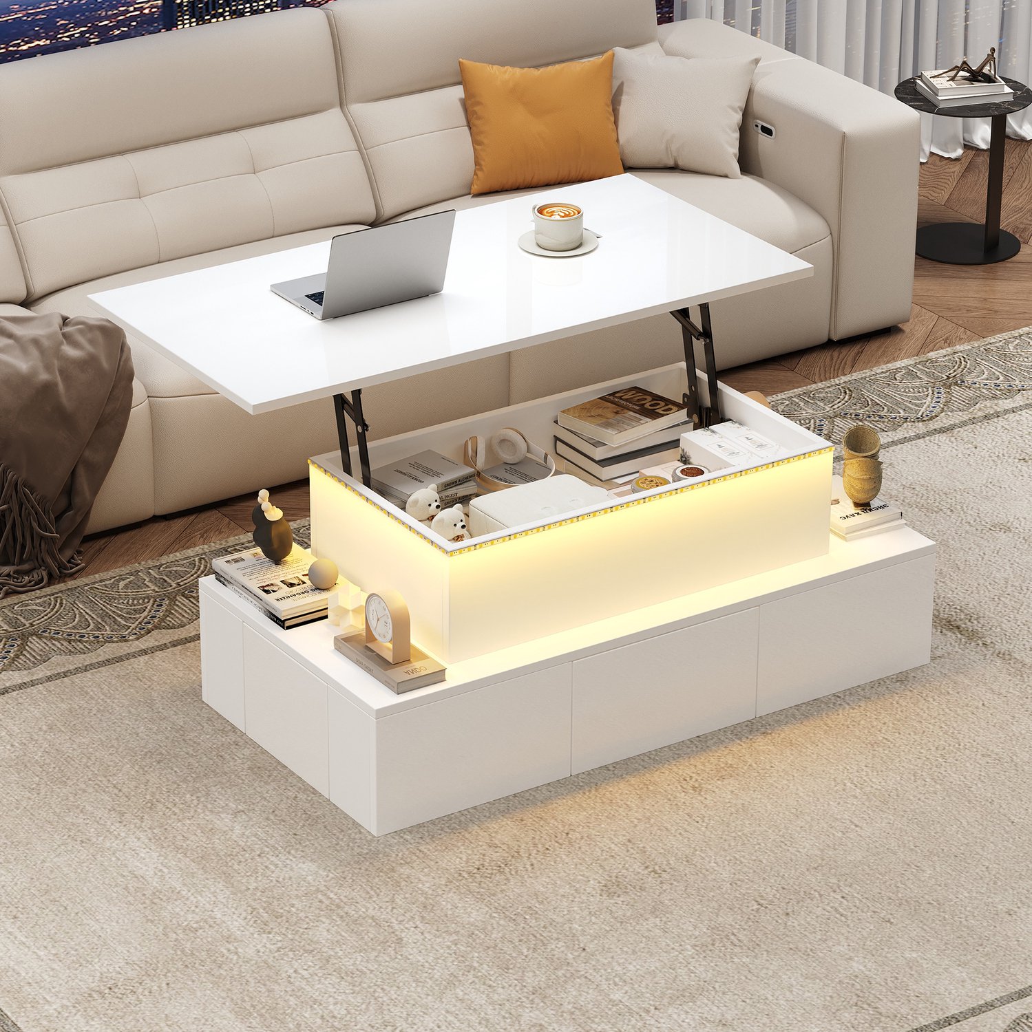 Maisentiel Salontafel 100 x 50 cm met hefblad, 4 lades, led, MDF, hoogglans wit