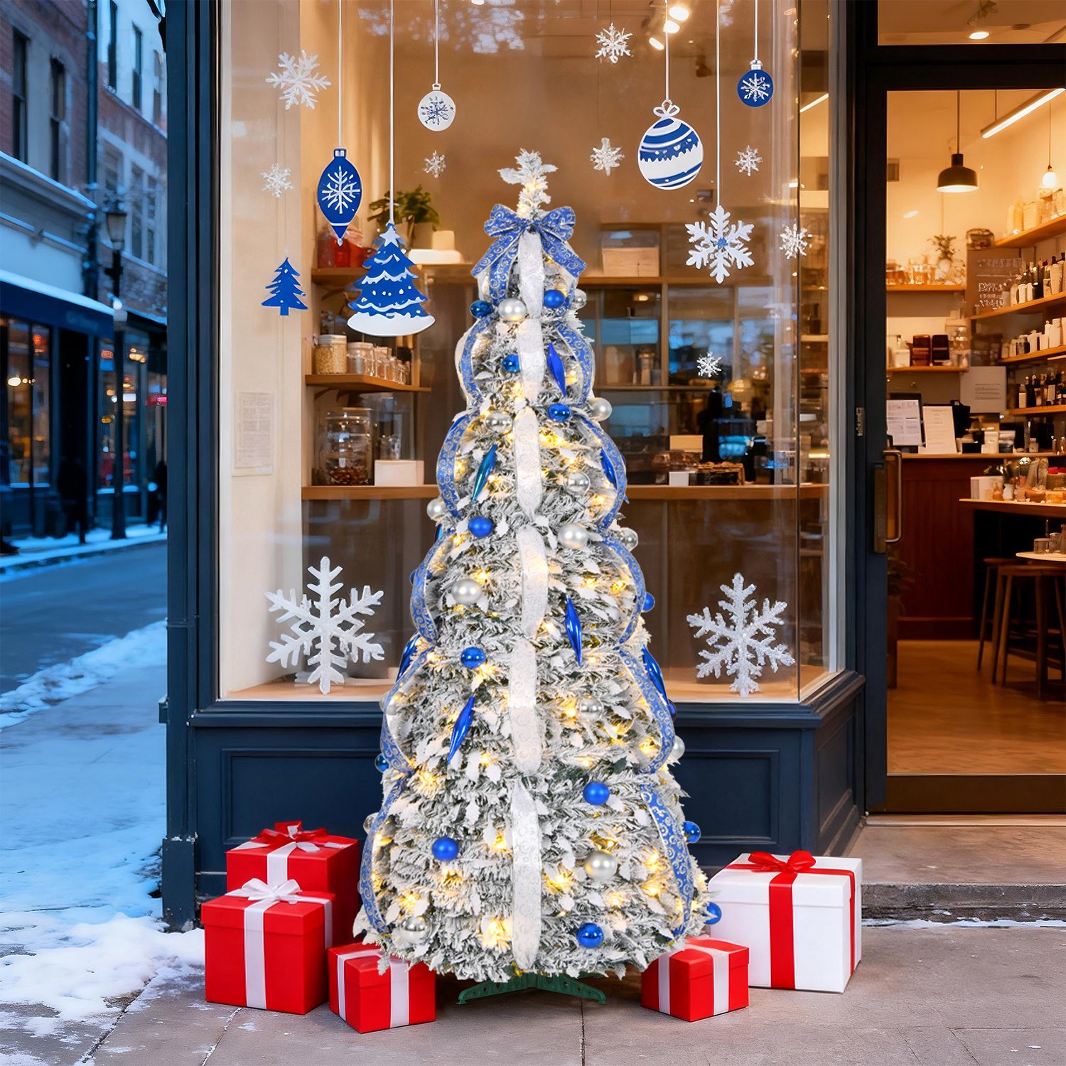 Pop-up Kerstboom 150 cm met 100 LED - 8 Lichtmodi - Blauw met Sneeuw - Inclusief Kerstballen & Linten - Opvouwbaar - NAIZY – foto 7