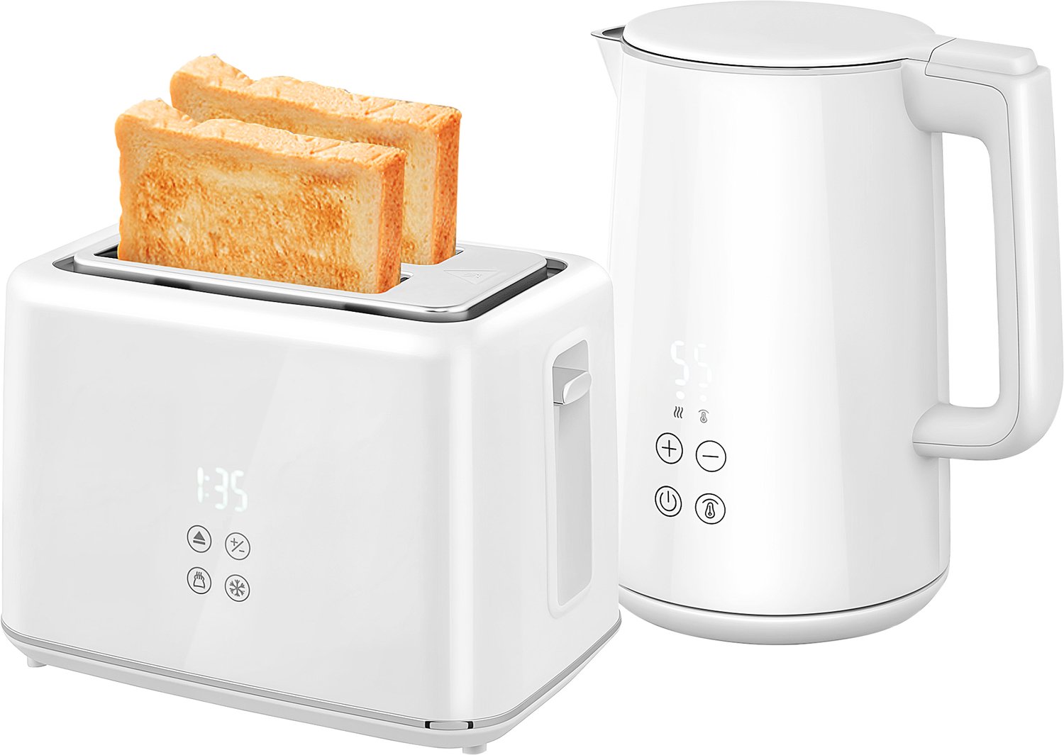 Keukenset met waterkoker en broodrooster, 7 bruiningsniveaus, snel koken, roestvrij staal en kunststof, Wit