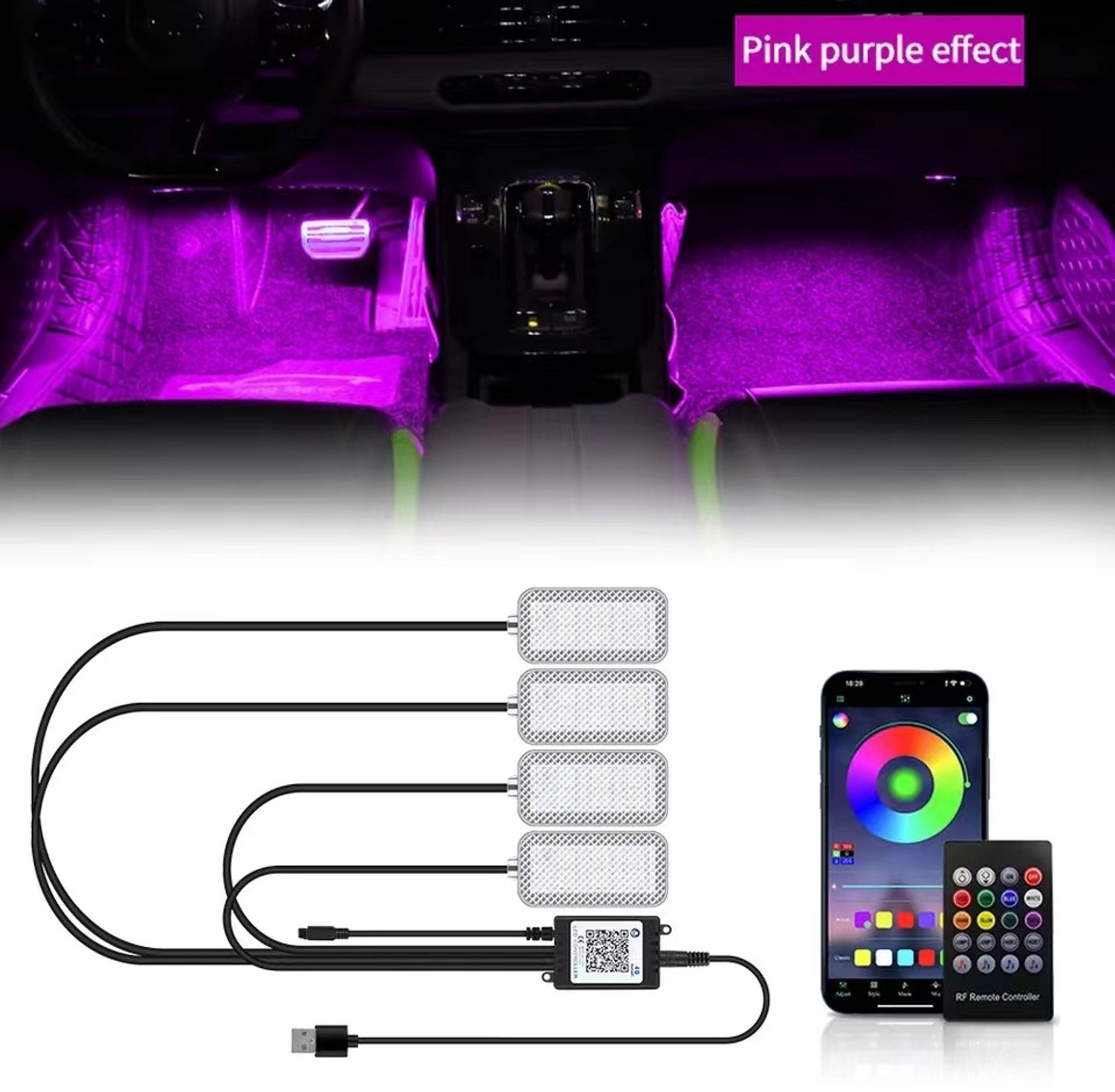 Auto Sfeerverlichting Voetverlichting LED - Interieurverlichting Auto Voetruimte USB - RGB App Afstandsbediening Muziekmodus