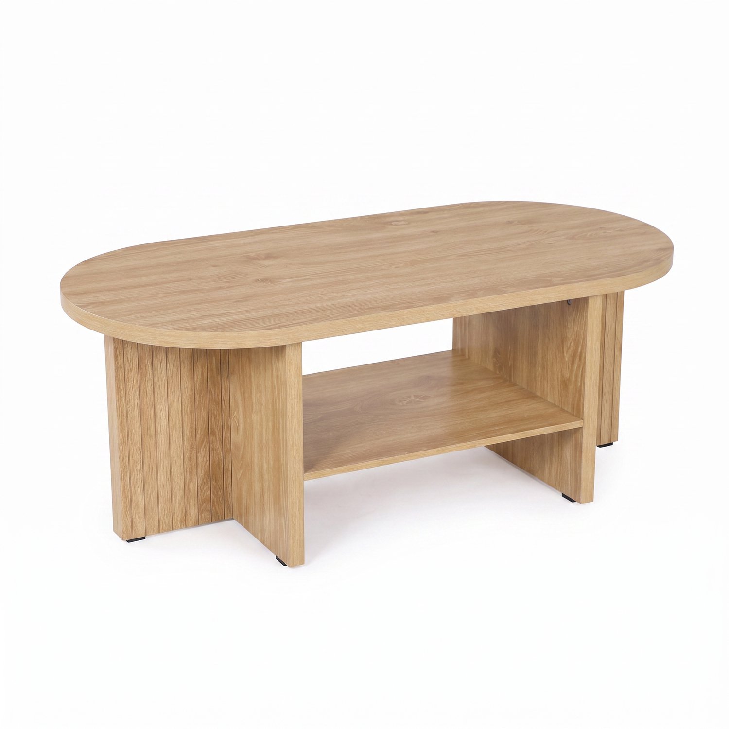 SensaHome Japandi Salontafel Ovaal – Koffietafel met Open Legplank en Geribbeld Onderstel – 110x50x43 cm – Eiken