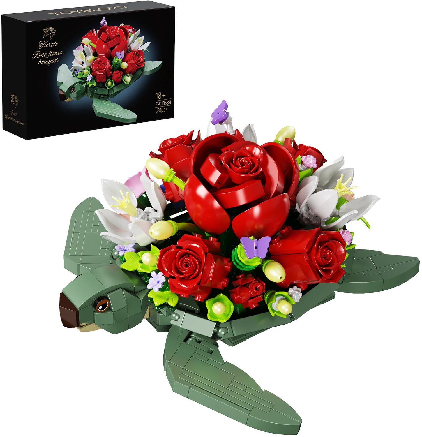 Gudalio Bouwpakket - Bouwstenen Set - Zeeschildpad Rode Rozen - Bloemen - 588 Bouwstenen - Vanaf 14 jaar - Decoratief - Cadeau