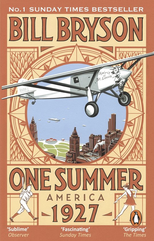 Boekomslag 'One Summer 1927' met de Spirit of St. Louis boven een stad en vintage illustraties van een honkbalspeler.