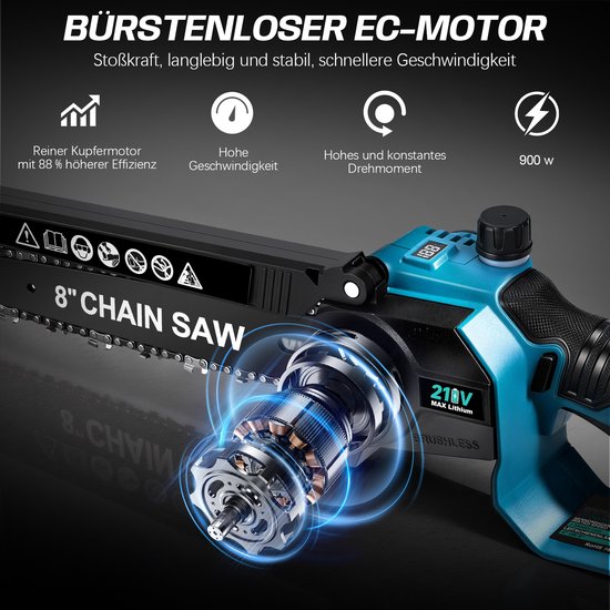 900W Accu Kettingzaag 6 + 8 inch Auto-Oliër 28000RPM 4000 mAh Borstelloze Motor Veiligheidsslot Mini Elektrisch handkettingzaag Compatibel met Makita 18V Accu Voor Tuin Boomsnoeien Hout — afbeelding 4