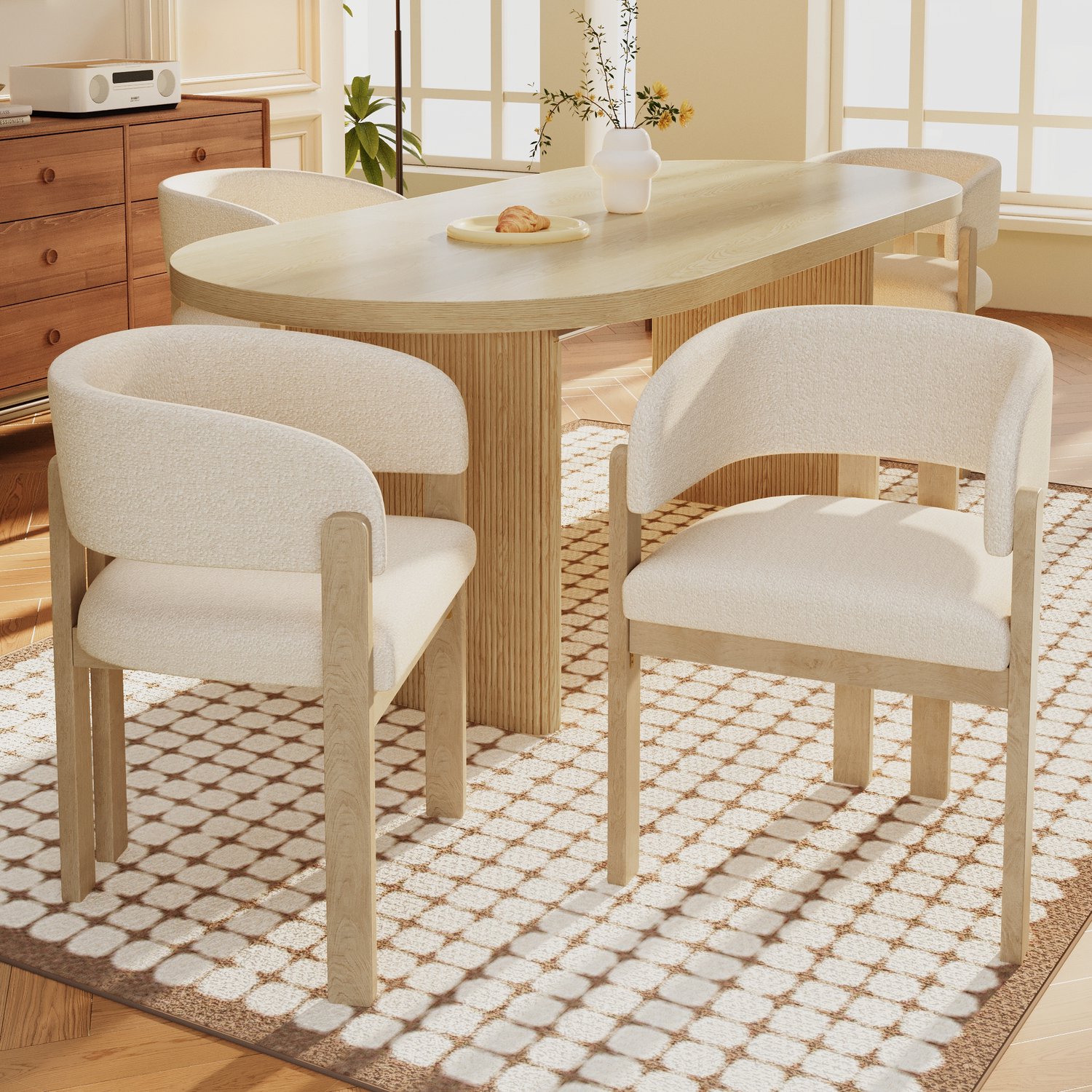 COVREO Eetkamerstoel set van 6 met armleuningen – Armstoel met bouclé bekleding – Zitmeubel voor eetkamer – 60x51x80 cm – Naturel