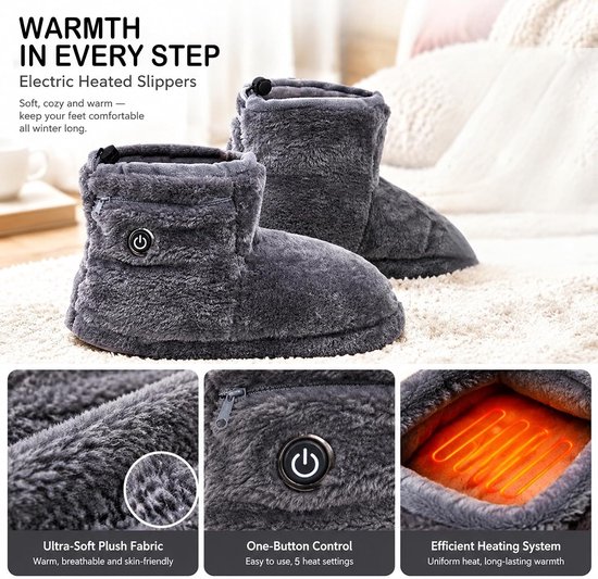 Grijze pluche pantoffels met interne verwarming, bedieningsknop en zachte textuur.