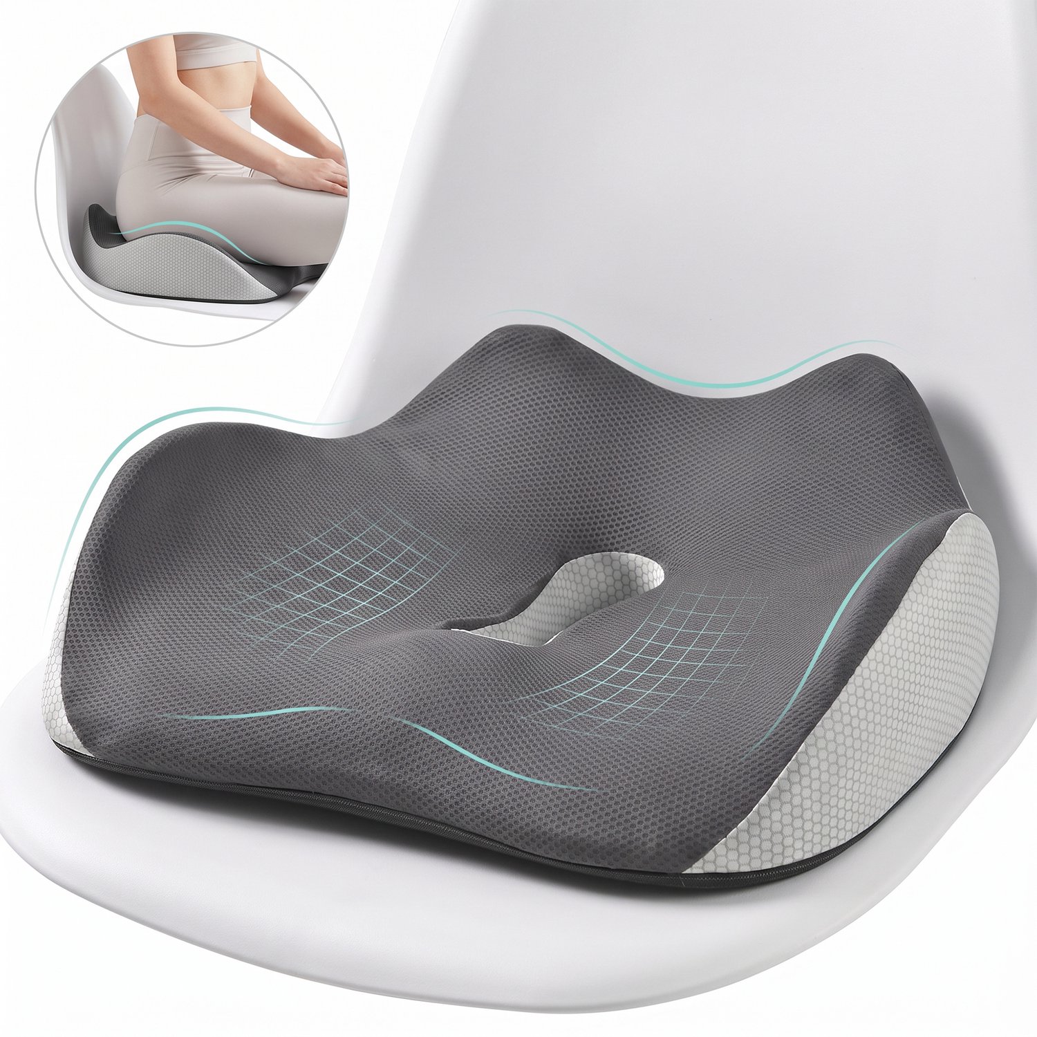 Ergonomisch zitkussen - zitkussen orthopedisch -stuitkussen voor pijnlijke stuit -zitverhoger auto -45 x 36 x 13 cm - traagschuim - centrale uitsparing - antislip onderzijde - afneembare hoes - voor bureaustoel - grijs