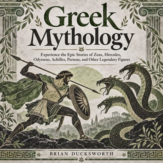 Boekomslag Griekse mythologie met een krijger die vecht tegen een hydra in klassieke olijfgroene tinten.