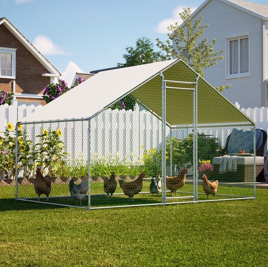 WUVRIE - Kippenren 303x200x200 cm - Verzinkt stalen frame met PE-dak en veiligheidsslot - Zilver