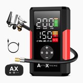 Zwarte AutoXtreme-pomp met rode zijkanten, display, slang, USB-kabel en opbergtas.
