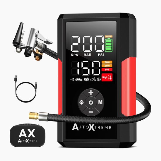 Zwarte AutoXtreme-pomp met rode zijkanten, display, slang, USB-kabel en opbergtas.