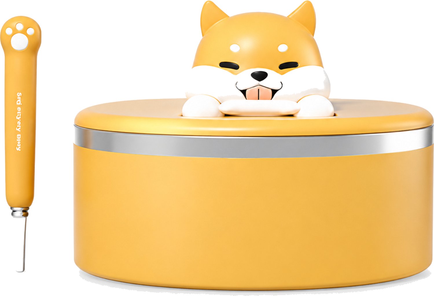 Gele ramenkom met deksel en lepel met Shiba Inu motief 1200 ml van 304 roestvrij staal