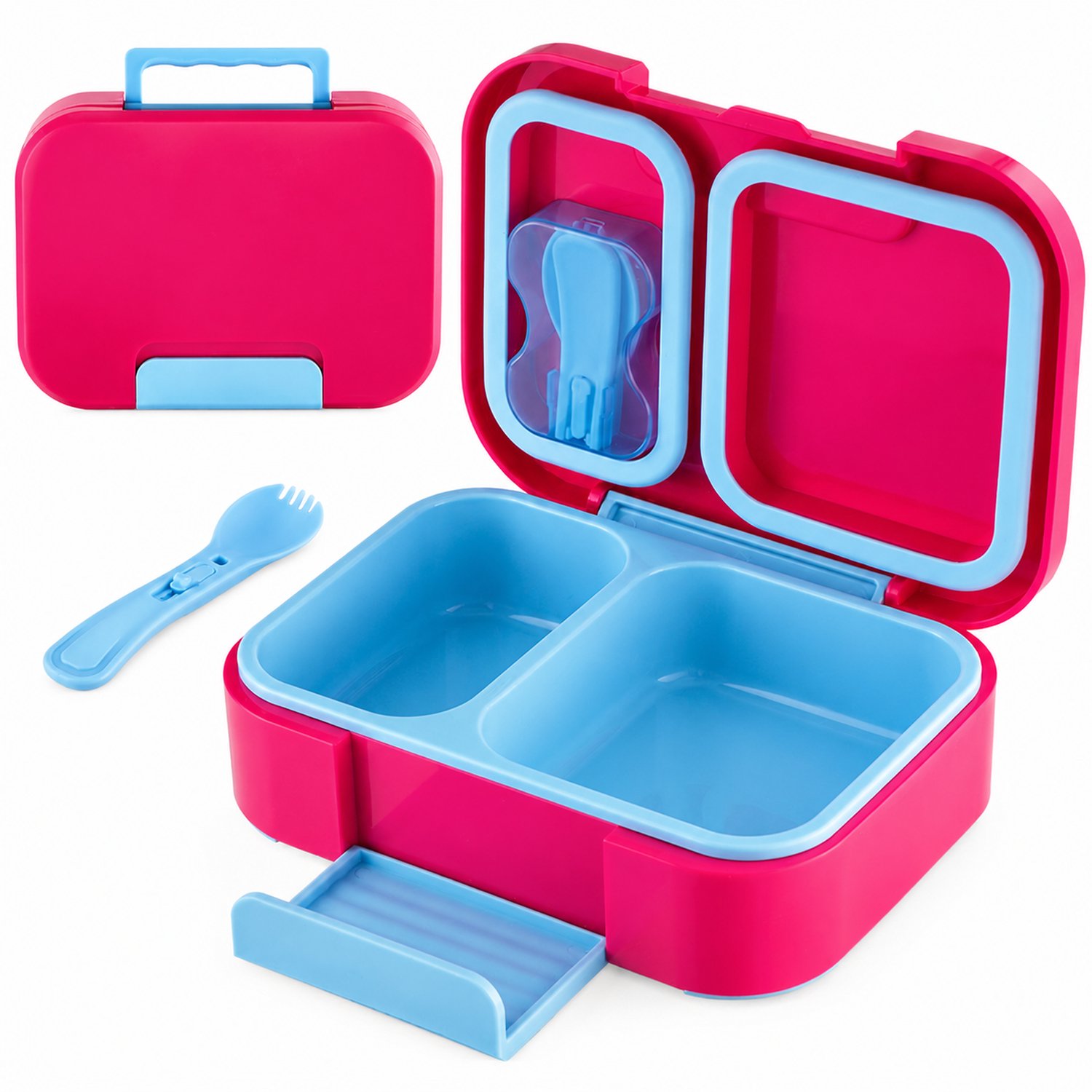 Broodtrommel met twee vakken en handgreep, fuchsia met lichtblauwe details