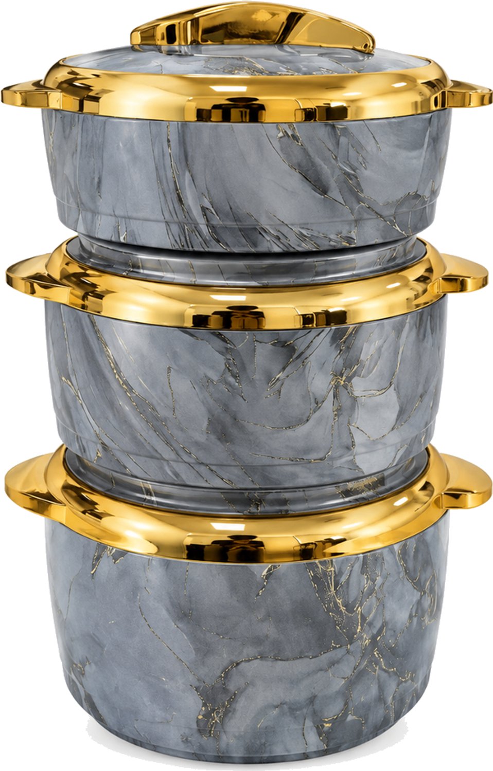 Broodtrommelset met drie ronde maaltijdcontainers met deksel, 1,5 l, 2 l en 2,5 l, grijze marmerlook met goudkleurige details