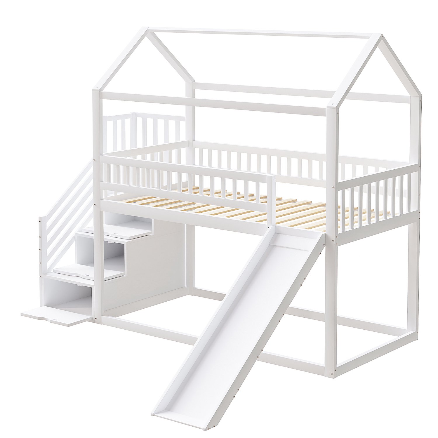 Kinderhoogslaper 90x200 cm - Hoogslaper Met Glijbaan En Opbergtrap - Witte Houten Hoogslaper Met Hoge Hekken Voor De Kinderkamer