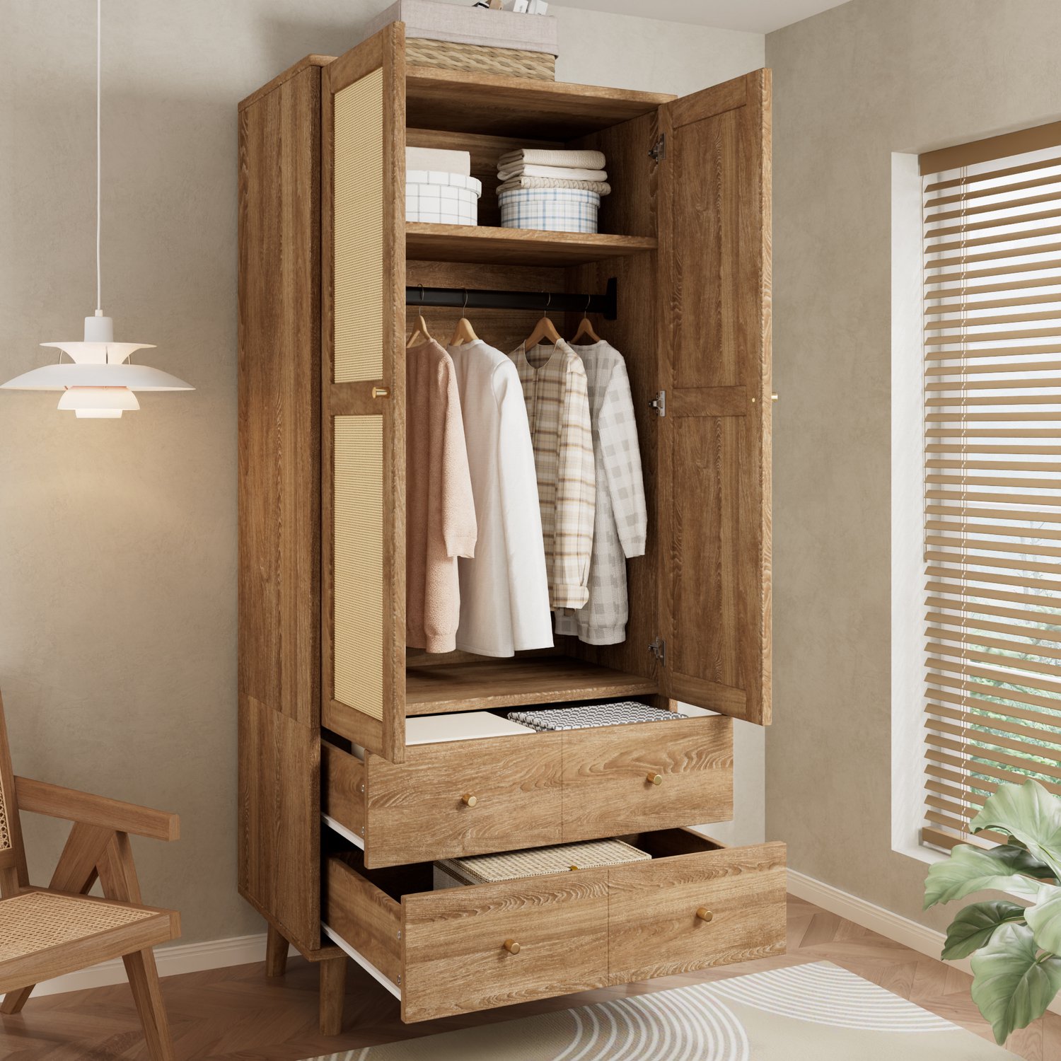 Kledingkast Met Rotanuitstraling - 80 x 50 x 180 cm - Met Kledingroede, Legplanken En 2 Lades - MDF In Walnootkleur Voor De Slaapkamer