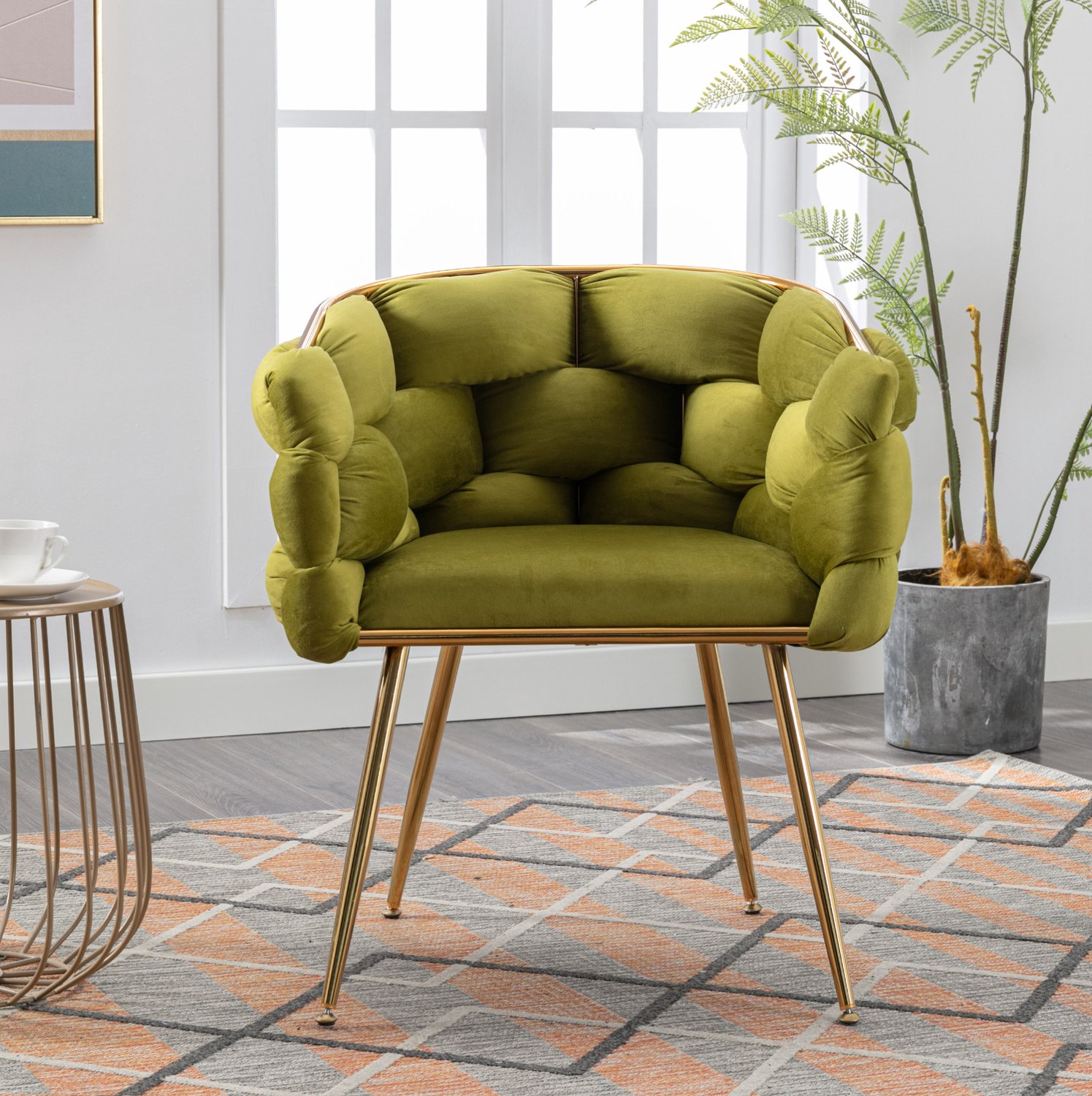 WUVRIE Fauteuil 58x59x75 cm - Fluwelen bekleding, armleuningen en metalen poten - Olijfgroen
