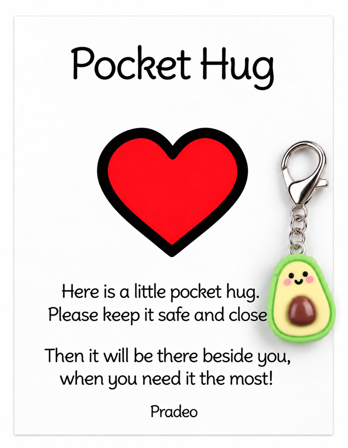 Pradeo - Avocado Sleutelhanger - Hangertje - Key Chain - Pocket Hug - Geluk - Klein Geschenk - Bedankt Cadeautje / Kaartje - Familie, Vrienden, Collega of Meester & Juf - Met Tekstkaartje