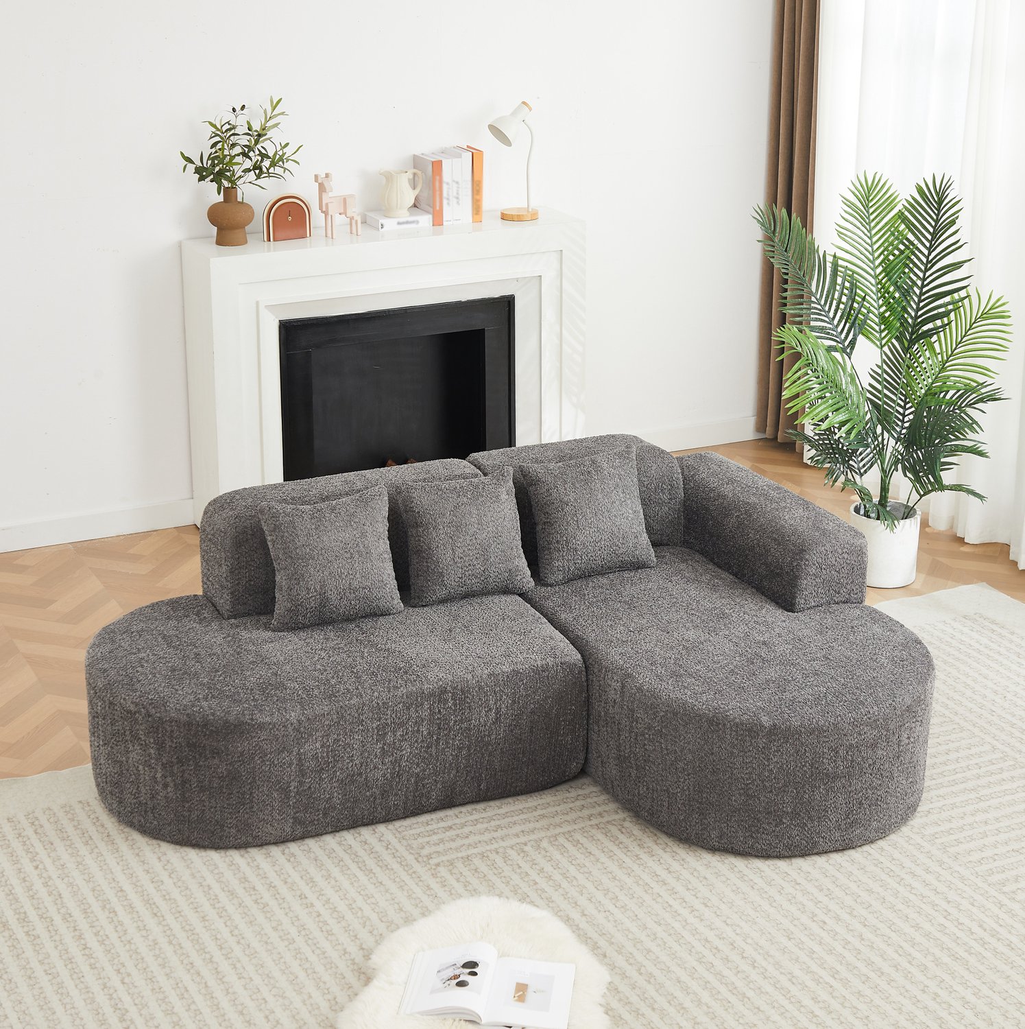Wishdor Hoekbank - L-vormig met chaise rechts - 3-zits met 3 rugkussens - Rond wabi-sabi design - Voor woonkamer en zithoek - Chenille stof - Grijs - 222 x 157 x 73 cm