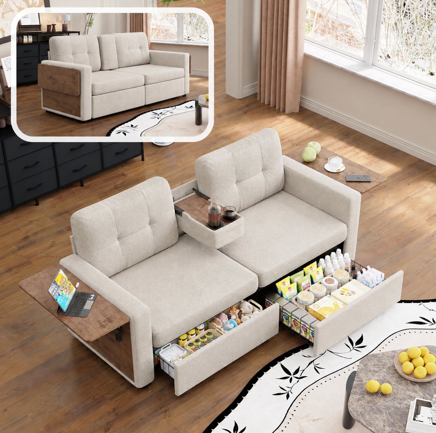 Wishdor 2-zits slaapbank - Opbergladen en laptoptafels - Verstelbare tafelbladen met bekerhouders - Modern Scandinavisch - Woonkamer thuiswerken filmavond - Chenille - Beige - 178 x 71 x 57,5 cm