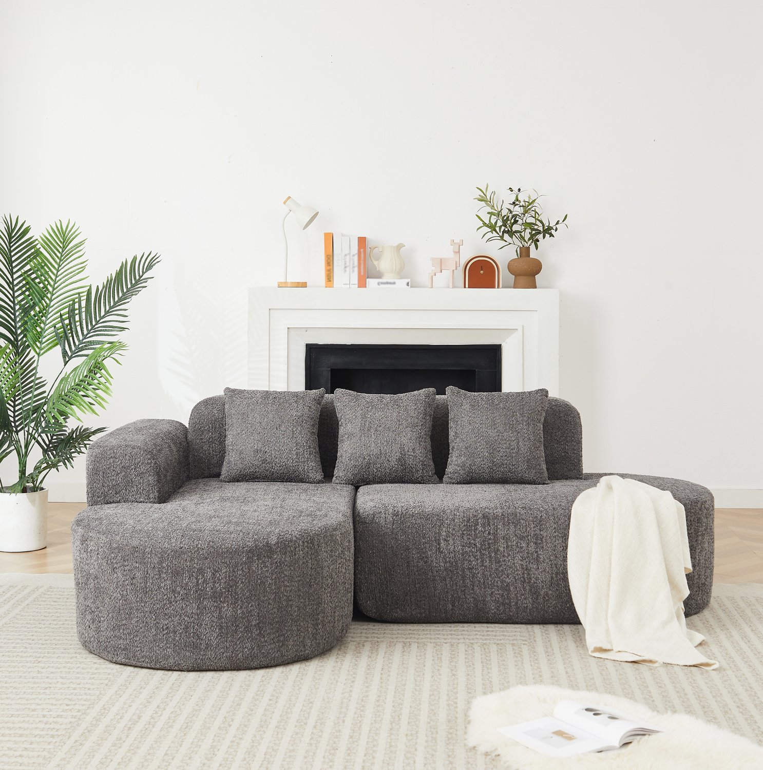 Wishdor Hoekbank - Linkse chaise longue en 3 zitplaatsen - Drie rugkussens en stevige schuimvulling - Rond Wabi-sabi-design - Woonkamer - Chenillestof - Grijs - 222 x 157 x 73 cm