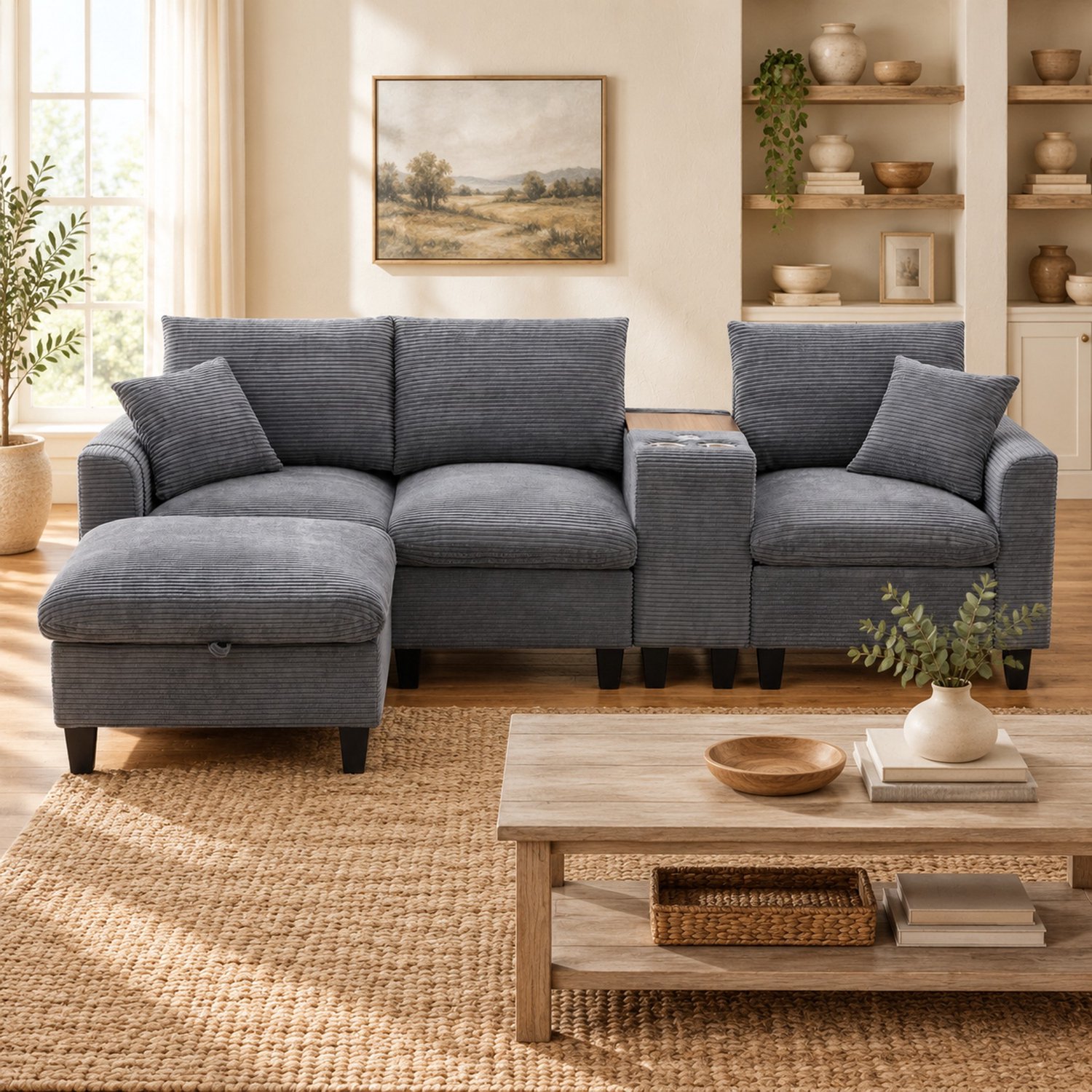 WUVRIE Hoekbank 229x149,5 cm - 4-zits met console, USB-aansluitingen en opberghocker - Grijs