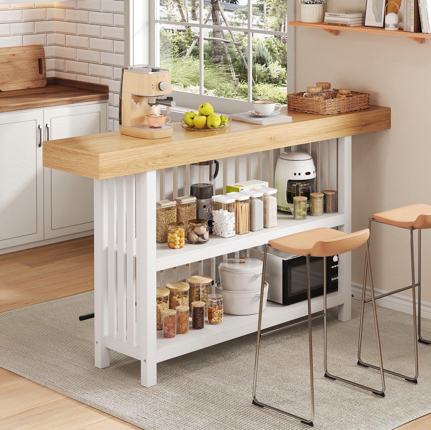 OKWISH Bartafel - Met Voetsteun En Tweelaags Opbergrek - Voor Keuken Eetkamer En Huisbar - MDF Wit - 160 x 40 x 105 cm