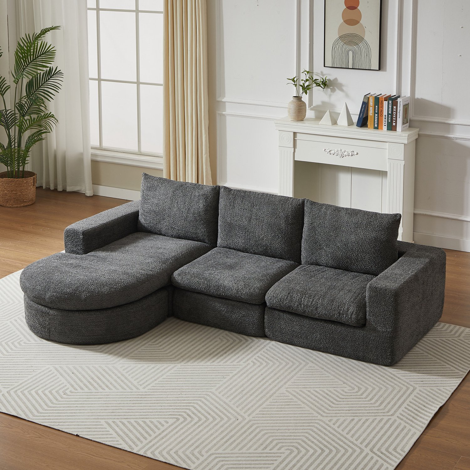 Wishdor Hoekbank met verwisselbare chaise longue - Modulaire 3-zits - Dubbele kussens - Drie kussens met neksteun - Chenille - Design voor woonkamer - Grijs - 250 x 160 x 80 cm