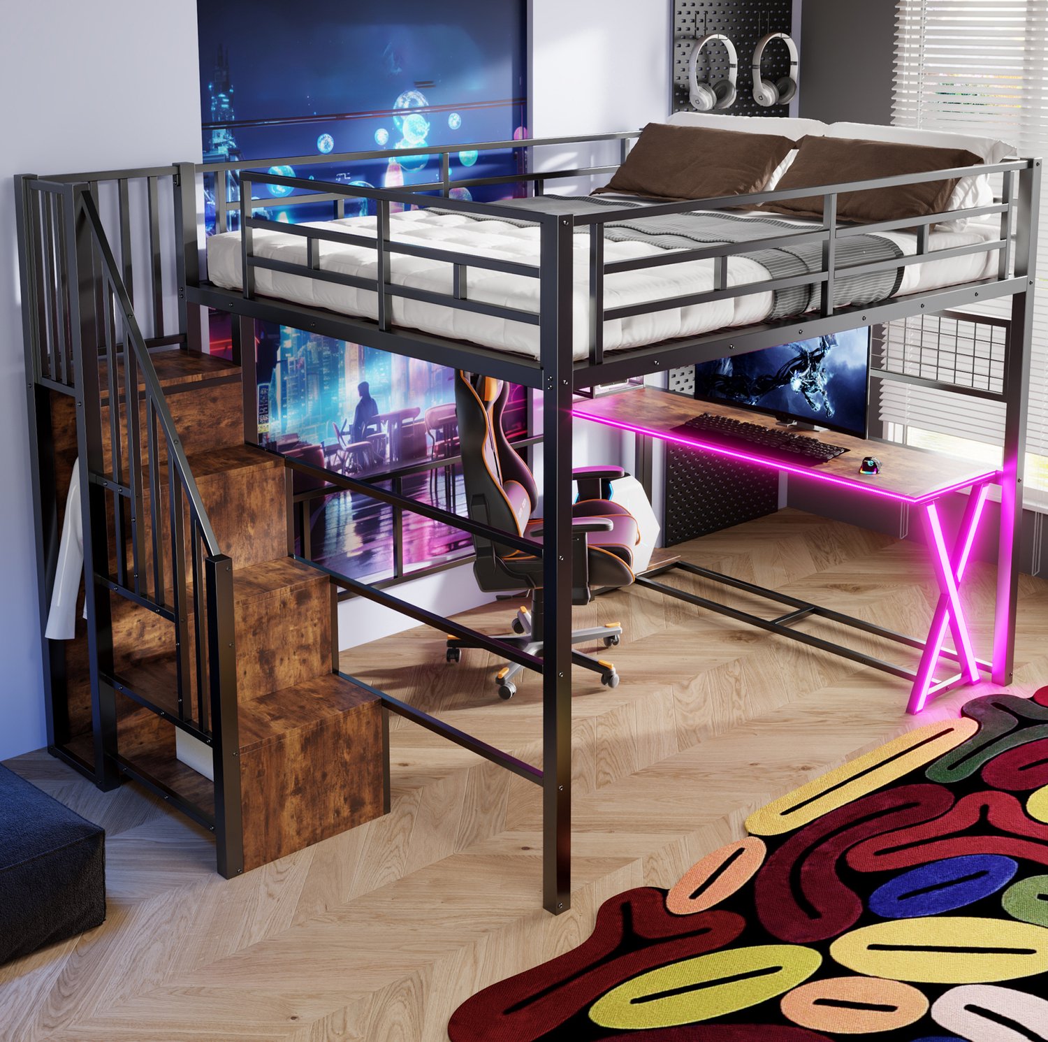 MIVRAY Hoogslaper 160x200 cm - Met Ledverlichting, Bureau, Kledingkast en Opbergladder - Zonder Matras - Metaal en MDF - Zwart