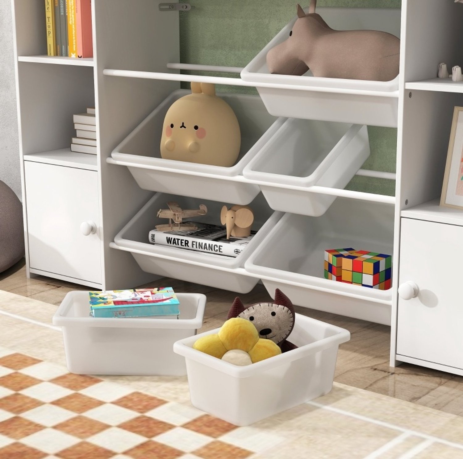 MIVRAY Kinderopbergkast – 140 x 30 x 90 Cm – 8 Uitneembare Boxen – MDF En Metaal – Wit – Voor Speelgoed En Boeken